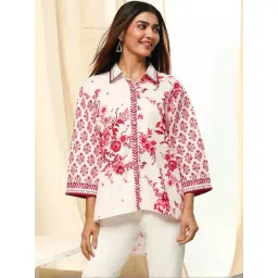 Biba White & Pink Cotton Floral Printed Shirt-picture-17