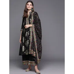 Biba Women Black & Golden Floral Print Pure Cotton Kurta with Palazzos & Dupatta-picture-36