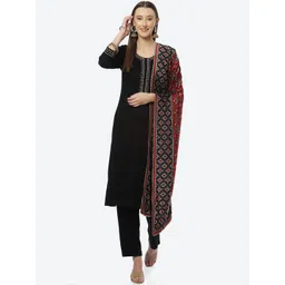 Biba Women Black Floral Embroidered Thread Work Kurta with Trousers & With Dupatta-picture-35