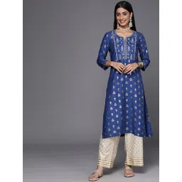 Biba Women Blue & Golden Ethnic Motifs Printed Thread Work Kurta with Palazzos-picture-19