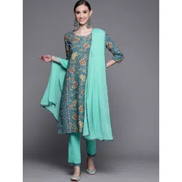Biba Women Blue & Yellow Floral Print Pure Cotton Kurta with Trousers & Dupatta-picture-39