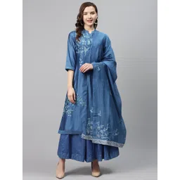 Biba Women Blue Embroidered Kurta with Skirt & Dupatta-picture-31