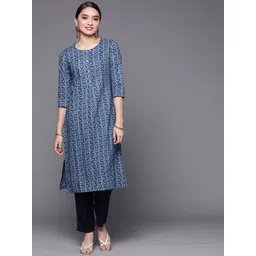 Biba Women Blue Pure Cotton Printed Straight Kurta-picture-11