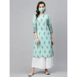 Biba Women BlueCream-Coloured Printed Pure Cotton Straight Kurta-picture-38