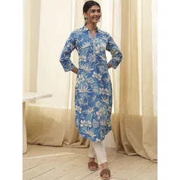 Biba Women Floral Printed Shirt Collar Pure Cotton Straight Kurta-picture-33