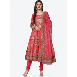 Biba Women Fuchsia Floral Printed Panelled Kurta with Churidar & With Dupatta-picture-27