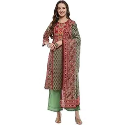 biba Women Green and Maroon Cotton Printed Straight Suit Set-picture-12