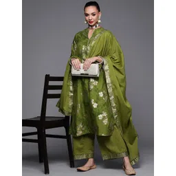 Biba Women Green Ethnic Motifs Embroidered Pure Cotton Kurta with Palazzos & With Dupatta-picture-33