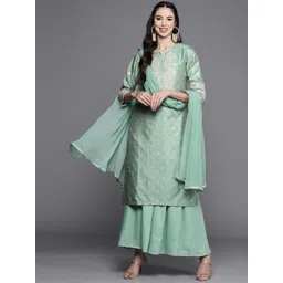 Biba Women Green Ethnic Motifs Embroidered Sequinned Kurta with Skirt & With Dupatta-picture-37