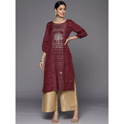 Biba Women Maroon & Golden Ethnic Motifs Printed Puff Sleeves A-Line Kurta-picture-33
