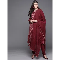 Biba Women Maroon & Pink Printed Pure Cotton Kurta with Churidar & Dupatta-picture-15