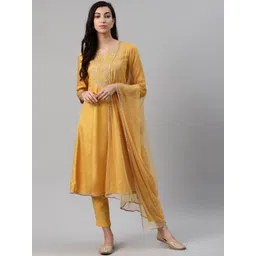 Biba Women Mustard Yellow Yoke Design Kurta with Trousers & Dupatta-picture-36