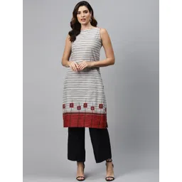 Biba Women Off-White & Charcoal Grey Striped Straight Kurta-picture-11