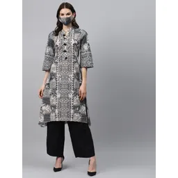 Biba Women Off-White Black Printed Pure Cotton A-Line Kurta-picture-43