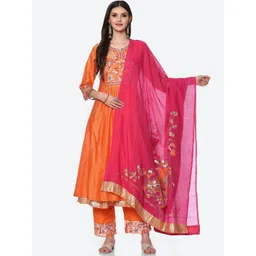 Biba Women Orange Floral Embroidered Chanderi Silk Kurta with Trousers & With Dupatta-picture-36