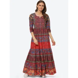 Biba Women Red & Blue Ethnic Motifs Printed Cotton A-Line Ethnic Dress-picture-30