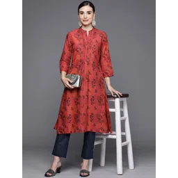 Biba Women Red & Navy Blue Pure Cotton Ethnic Motifs Printed Kurta with Trousers-picture-10