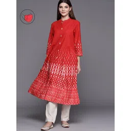Biba Women Red & White Geometric Printed Kurta with Mask-picture-17