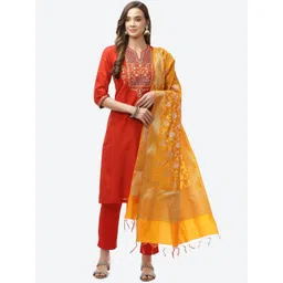 Biba Women Red Kurta with Trousers & With Dupatta-image-26
