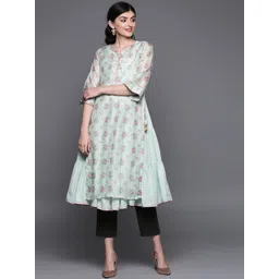 Biba Women Sea Green & Pink Floral Printed Layered Kurta-picture-22