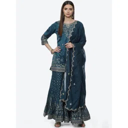 Biba Women Teal Floral Embroidered Thread Work Kurti with Sharara & With Dupatta-picture-38