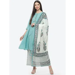 Biba Women Turquoise Blue Floral Pure Cotton Kurta with Trousers & With Dupatta-picture-20