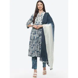 Biba Women White & Blue Floral Printed Pure Cotton Kurta With Trousers & Dupatta-picture-34
