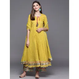 Biba Women Yellow Floral Panelled Gotta Patti Pure Cotton Kurta with Palazzos & With Dupatta-picture-26