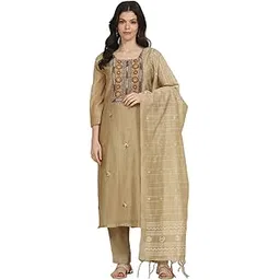 biba Women's Beige Cotton Hand Embroidered Unstitched Suit Set-picture-38