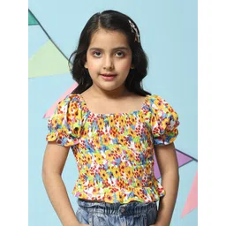 Biba Yellow Floral Print Square Neck Blouson Top-picture-25