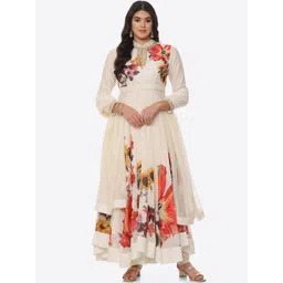 Biba by Rohit Bal by Rohit Bal Women Off White Floral Printed Empire Chanderi Silk Kurta with Churidar With Dupatta-picture-22