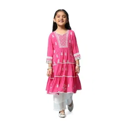 BIBA Girls Fuchsia Pink & White Cotton Embroidered Kurta Set-picture-37