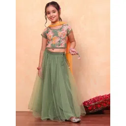 BIBA Girls Green & Orange Embellished Lehenga, Choli with Dupatta-picture-26