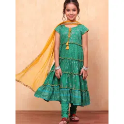 BIBA Girls Green & Orange Printed Kurta, Churidar with Dupatta-picture-35