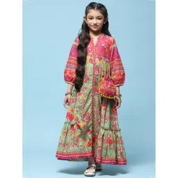 BIBA Girls Green & Pink Printed Dress with Potli Bag-picture-26
