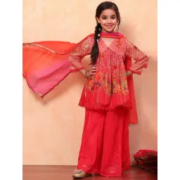 BIBA Girls Orange & Coral Floral Print Kurta, Plazzos with Dupatta-picture-34