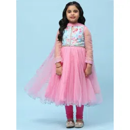 BIBA Girls Pink & Blue Embellished Kurta, Churidar, Dupatta with Jacket-picture-33