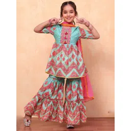 BIBA Girls Turquoise & Pink Embellished Kurta, Sharara with Dupatta-picture-36