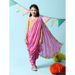 BIBA Girls Yellow & Pink Floral Print Top, Dhoti with Dupatta-picture-42
