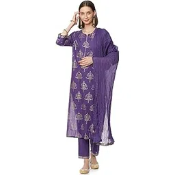 biba Women Cotton Floral Foil Printed Straight Suit Set image 1