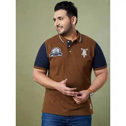 bigbanana Men Plus Size Brown & Navy Blue Colourblocked Polo Collar Pure Cotton T-shirt-picture-37