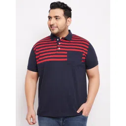 bigbanana Men Plus Size Navy Blue & Red Striped Polo Collar Bio Finish T-shirt-picture-30