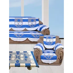 BIGGER FISH Blue & White Embroidered 5 Seater Sofa Cover-picture-23