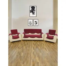 BIGGER FISH Maroon Checked Velvet Sofa Cover With Arms-picture-24