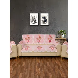 BIGGER FISH Pink and White 6 Pieces Self Design Sofa Covers-picture-23