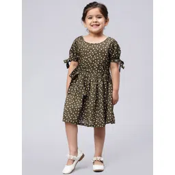 Biglilpeople Olive Green Floral Print Bell Sleeve Fit & Flare Dress-picture-42