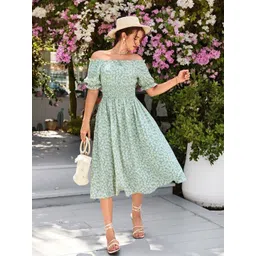 Billion Floral Print Smocked Off-Shoulder Fit & Flare Midi Dress-picture-21