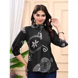 Billion Women Geometric Printed Mandarin Collar Puff Sleeve Cotton Shirt Style Top-picture-41