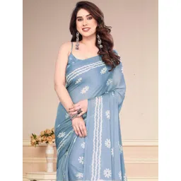 BilloRani Floral Printed Pure Chiffon Block Print Saree-picture-28