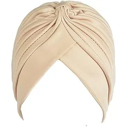 bismaadh Women's Pleated Head Wrap Knit Bonnet Turban/Pleated Stretchable Polyester Women’s Turban Head Cover/Sun Cap (Beige) Dastaar-picture-10